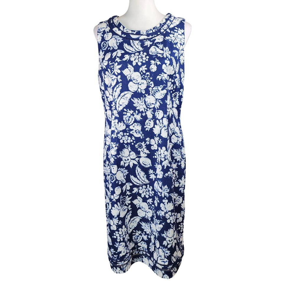 Talbots Shift Dress Womens 10 Navy Blue White Mixed Fruit Texture Casual Office